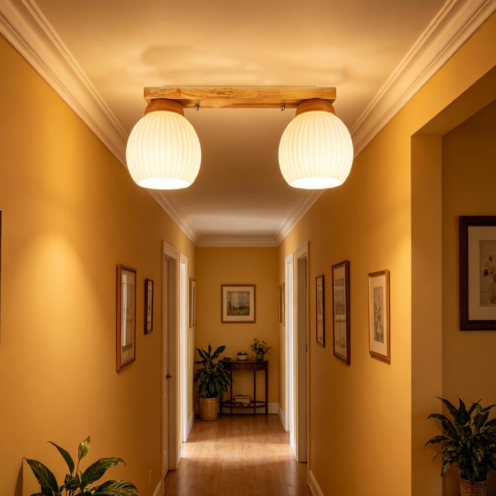 Suspension de style japonais, veinage naturel du bois et blanc crème, luminaire minimaliste, idéale pour la chambre, la salle à manger et le salon (2 ampoules)