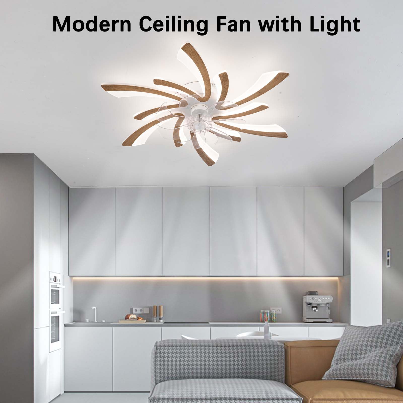 78cm Deckenlampe mit Ventilator Holz led DC Motor für Schlafzimmer | Timer Moderne Deckenventilator mit Beleuchtung und Fernbedienung Leise Design Küche,6-Geschwindigkeit Dimmbar Reversibel