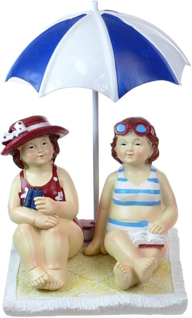 Quaytrader Cute Plump Pair of BEACH LADY Swimmer/Bathers under Parasol - BATHROOM ORNAMENT/FIGURINE - Red, Blue & White - 13cm