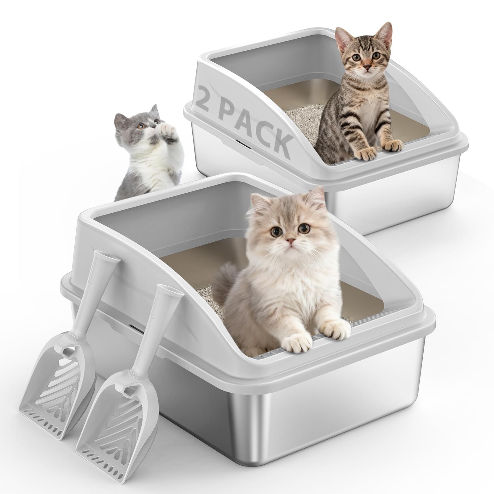 Photo 1 of 2 Pack Stainless Steel Litter Box | Metal Kitty Litter Box with Lid High Sided for Small Cats or Injured Cats, Bunny Litter Boxes, Low Entry, Odor-Free, Non-Stick,Includes Scoop