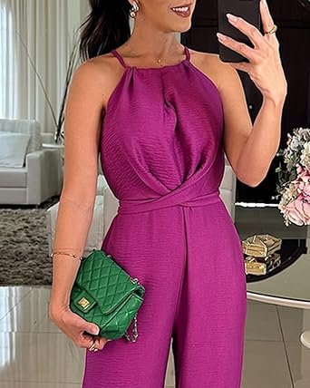 CHICME Women's Ruched Halter Wide Leg Jumpsuit | Functional Side Pockets, Soft Breathable Fabric, Flattering Silhouette, Wedding Guest Style, Date Night Outfit