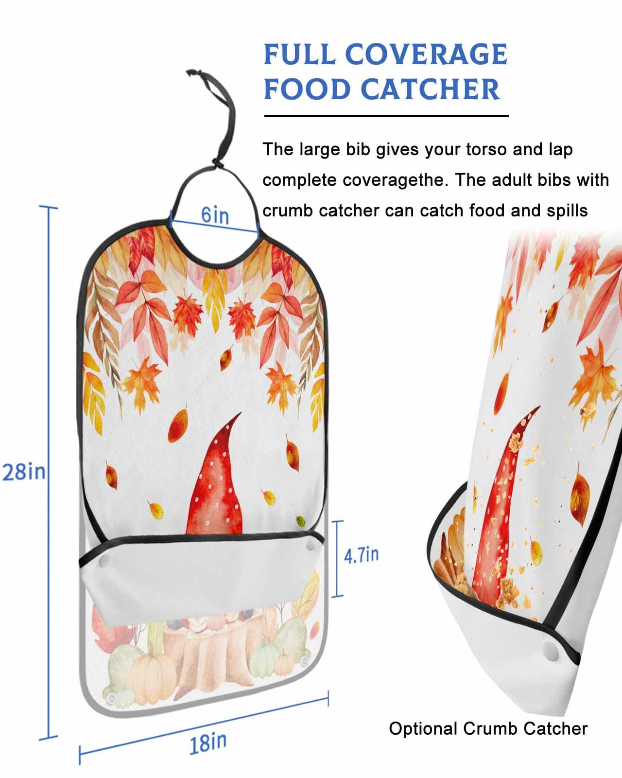 LEOKOTI Fall Thanksgiving Gnomes Adult Bibs for Eating, Waterproof Bibs with Food Catcher & Adjustable Snap Closure, Orange Red Maple Leaf Washable Clothing Protectors Adult Bibs for Elderly Women/Men