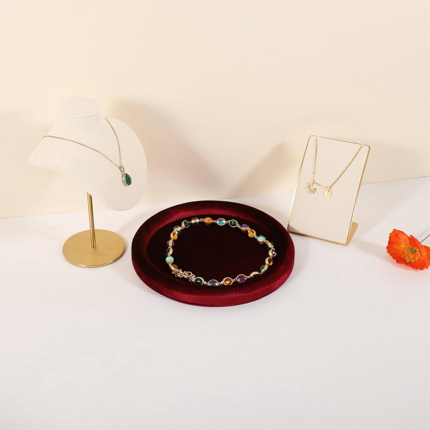 GemeShou Round Jewelry Organizer Plate, Top Microfiber Velvet Jewelry Display Tray, Empty Jewelry Showcase Tray for Necklaces, Bracelets, Rings, Earrings (Red-Medium, 7.9 x 7.9 in)