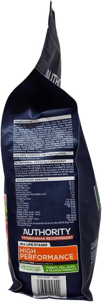 Authority High Performance Turkey, Pea, Duck and Salmon Dry Dog Food, 5 Pound Bag