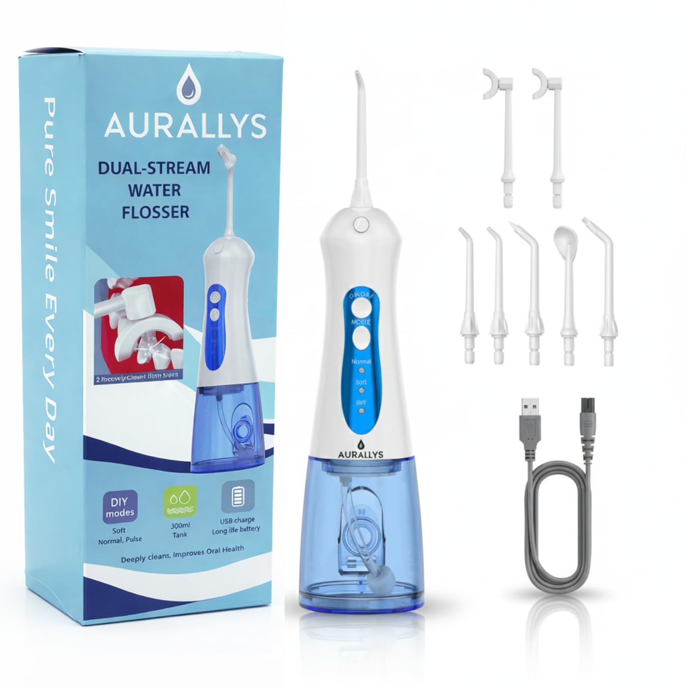 Irrigador Bucal Inalámbrico Aurallys, IPX7 Impermeable, Incluye 7 Boquillas, Batería 2000mAh, Tanque 280ml, 3+DIY Modos, con Modo Personalizable (Azul y Blanco)