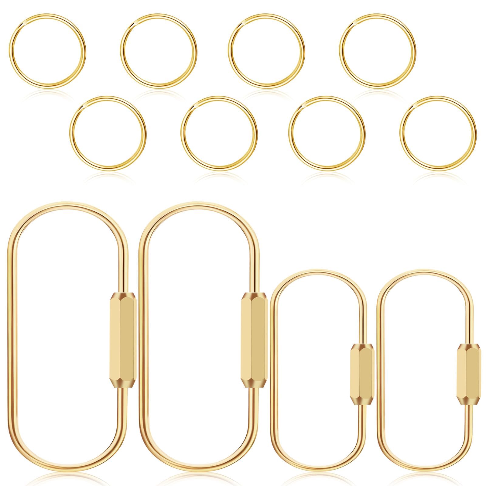4Pcs Brass Screw Lock Keychains with 8 Flat Rings Gold Carabiner, Gold Key Ring Gold Keychain, Gold Keychain Clip Tool, Portable Car Decorations Aesthetic Brass Key Ring Suitable for Keys & Bags