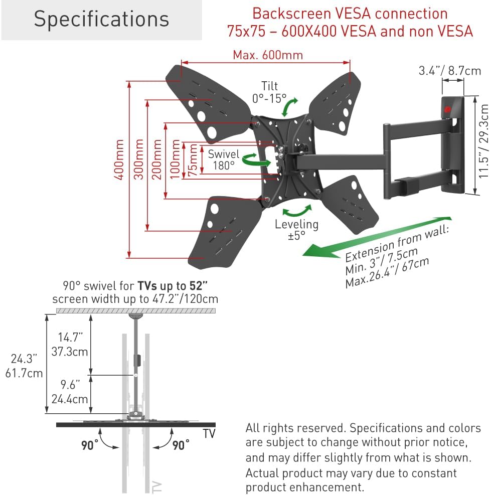 Detailed specifications and dimensions of Barkan TV wall mount