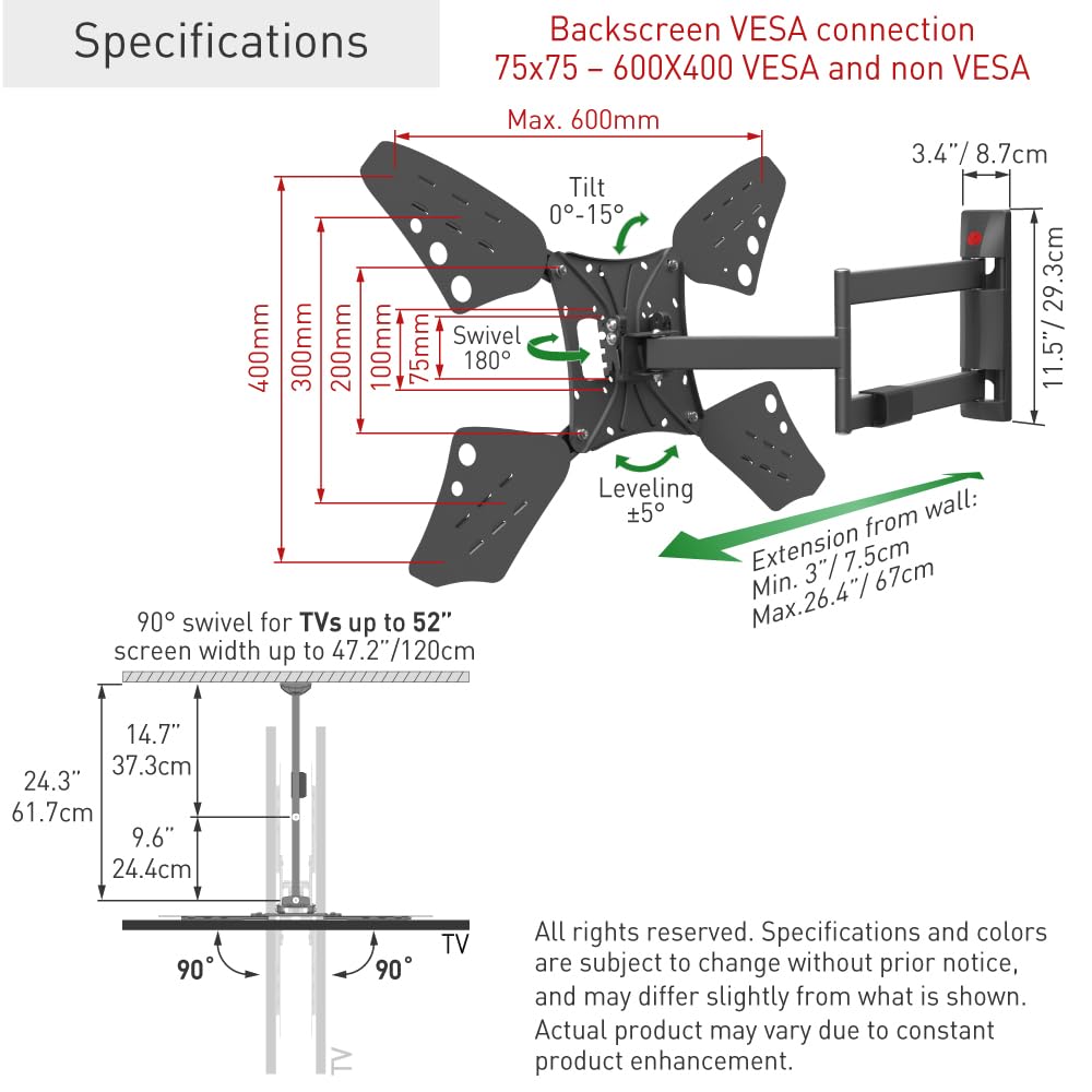 Barkan Soporte TV de Pared 67cm de Largo Inclinable y Giratorio, Articulado para Pantallas de 13-86 Pulgadas, Peso máximo 50Kg, Ultra Extensible, para LED OLED LCD, hasta VESA 600x400