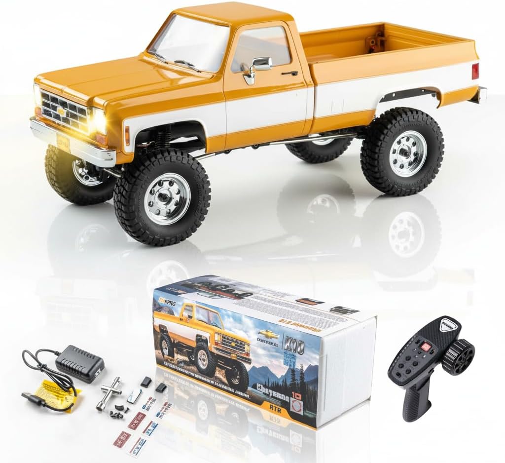 EAZYRC FMS FCX18 1/18 Chevrolet K10 RC Truck, Officially Licensed 4WD RC Crawler 2 Speeds Switch with LED Lights, Off-Road RC Car for Adults (Yellow)