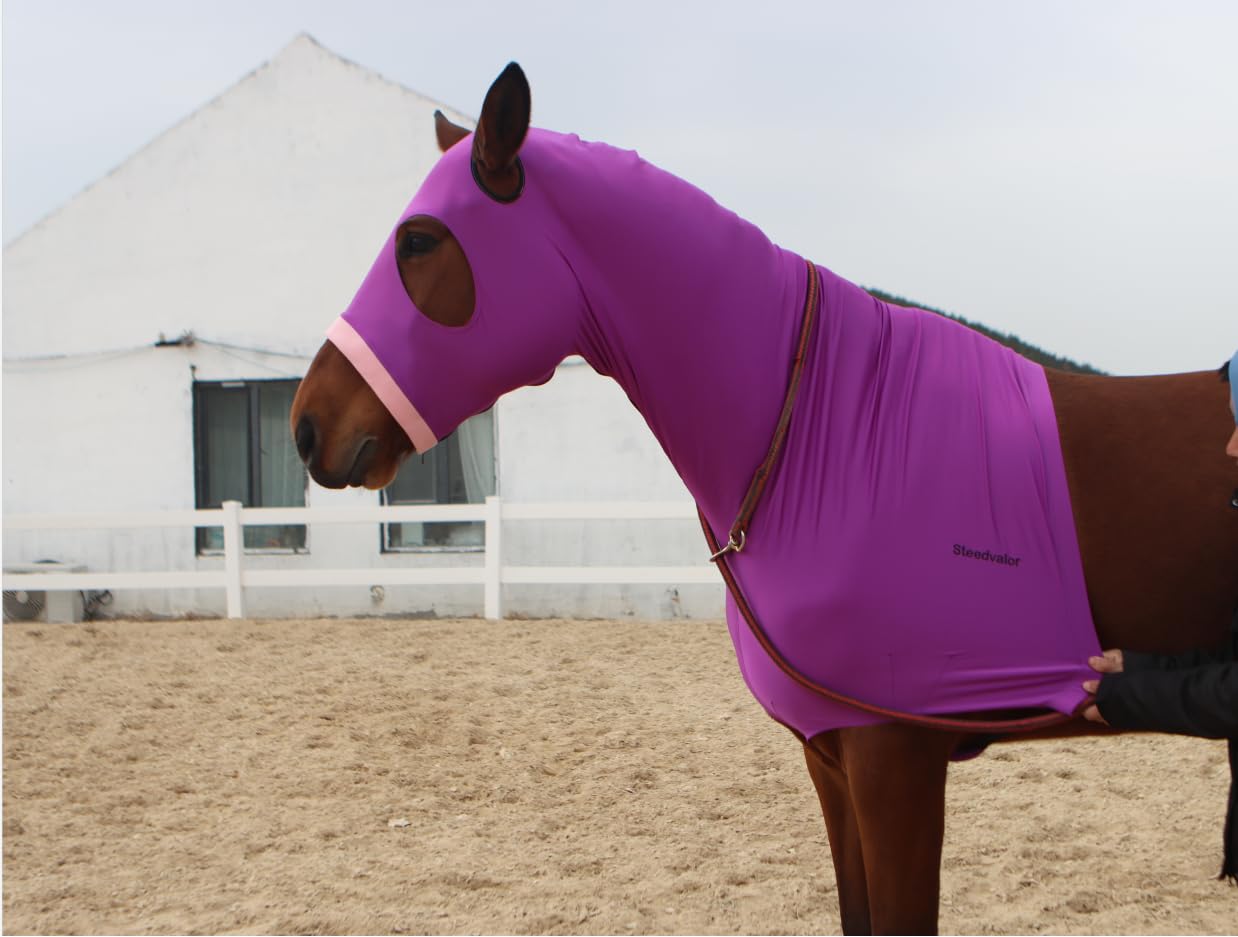Steedvalor Horse Stretch Hood Without Ears Snug Fitting Hood with Zip Closure Covers Face, Shoulders, Mane, Chest and Withers Perfect for Show/Event Preparation