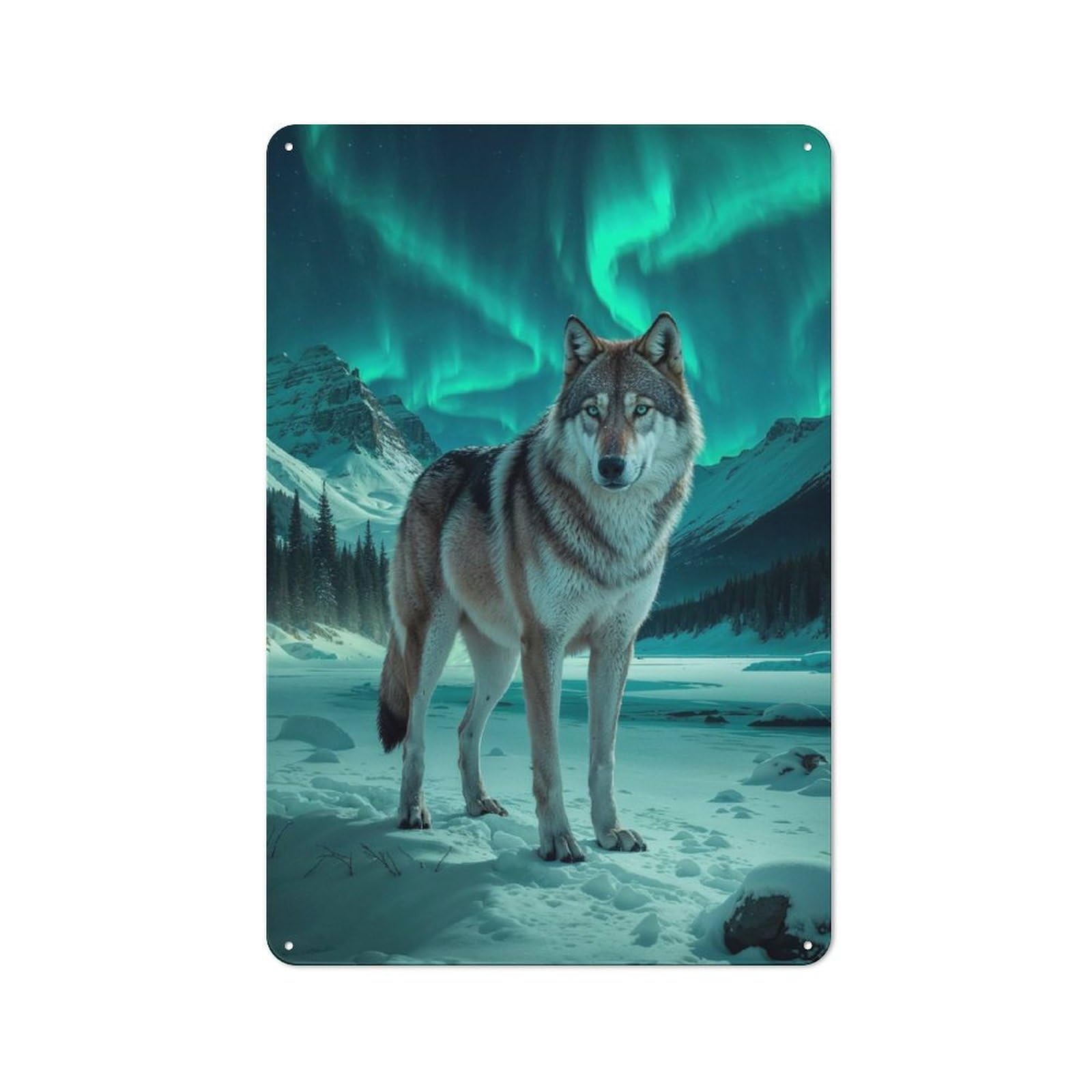 Retro Wolf Under Aurora Borealis Metal Gift Sign 30x20cm, Small Space Decor for Bedroom, Kitchen, Office Or Living Room