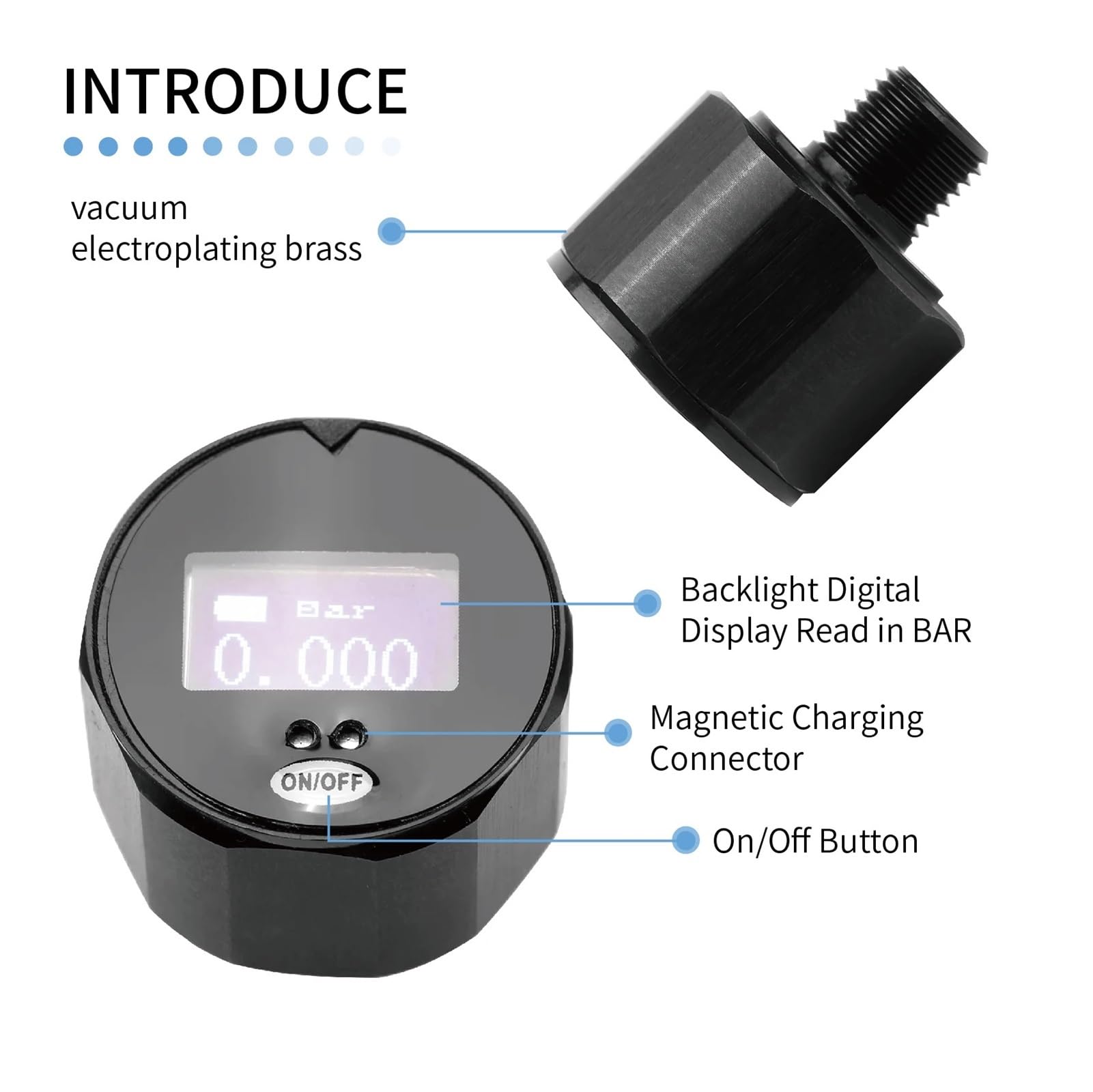 Manómetro, Manómetro Digital de calibre alta precisión, minimanómetro con pantalla retroiluminada 25mm, 400bar(6000Psi), cable USB(1-8NPT Bar)