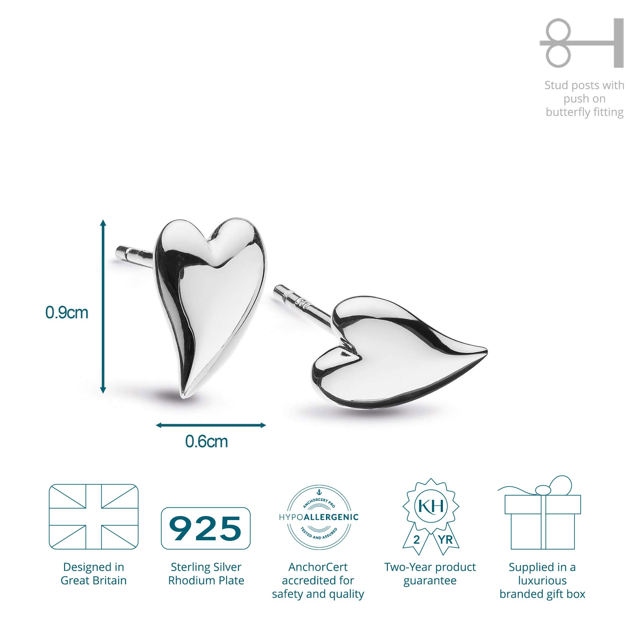 Kit Heath Desire Kiss - Orecchini a perno a forma di cuore, in argento Sterling, design delicato e senza tempo, perfetti da indossare tutti i giorni, regalo per lei