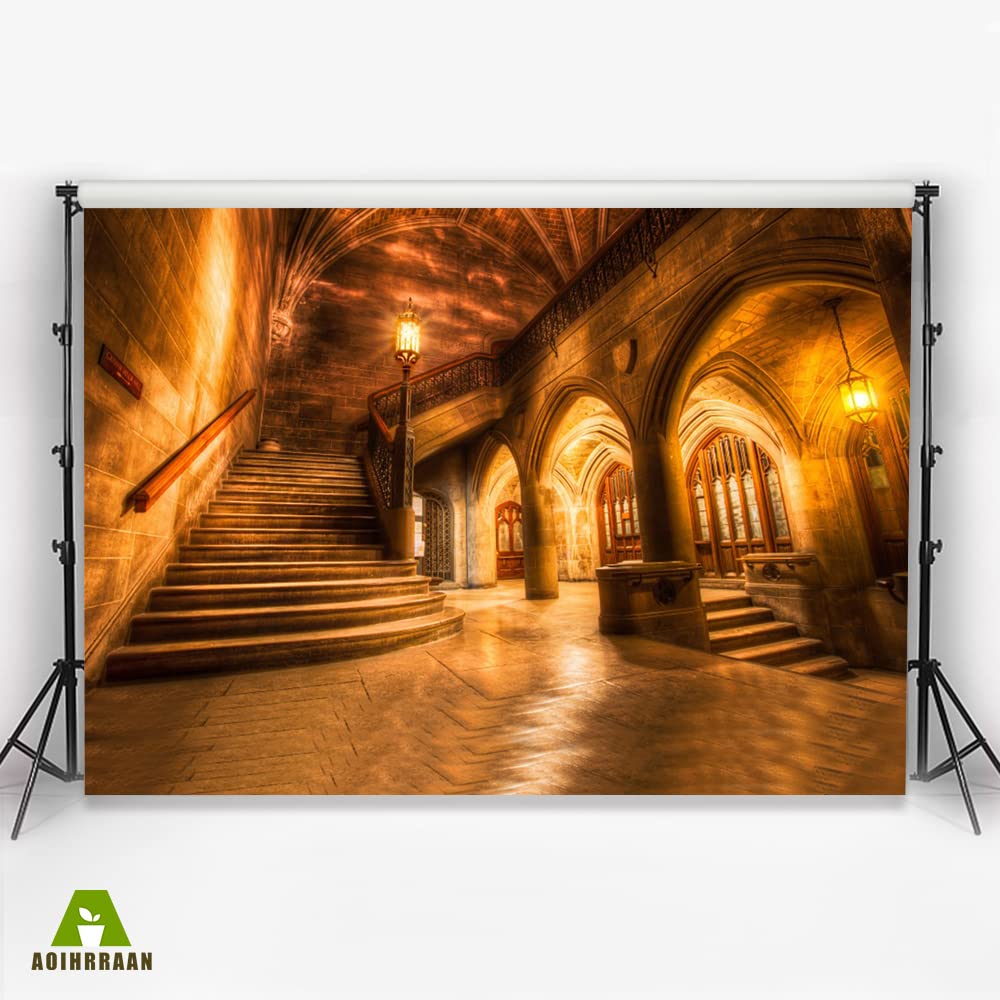 Aoihrraan 3x2m Rétro Château Intérieur Toile De Fond Vintage Arcade Colonnes Vieux Escalier Européen Doré Église Photographie Voyage Vacances Anniversaire Mariage Amoureux Portrait Photo Vinyle