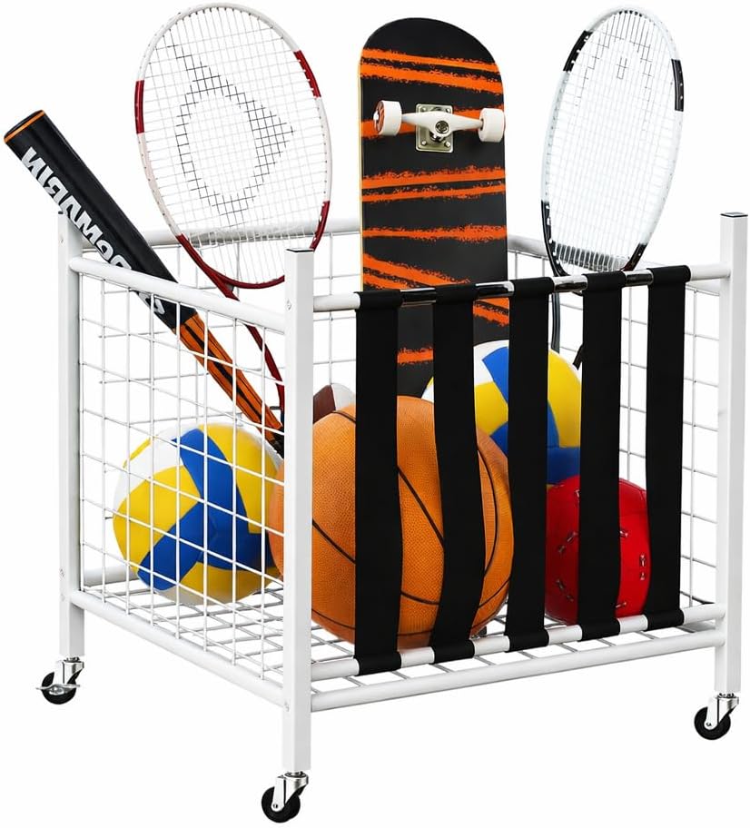 57611 Space saving Gym equipment storage Organizer, Basketball / football Storage Rack Indoor/Outdoor Rolling Ball Cart with Baskets and Wheels - White