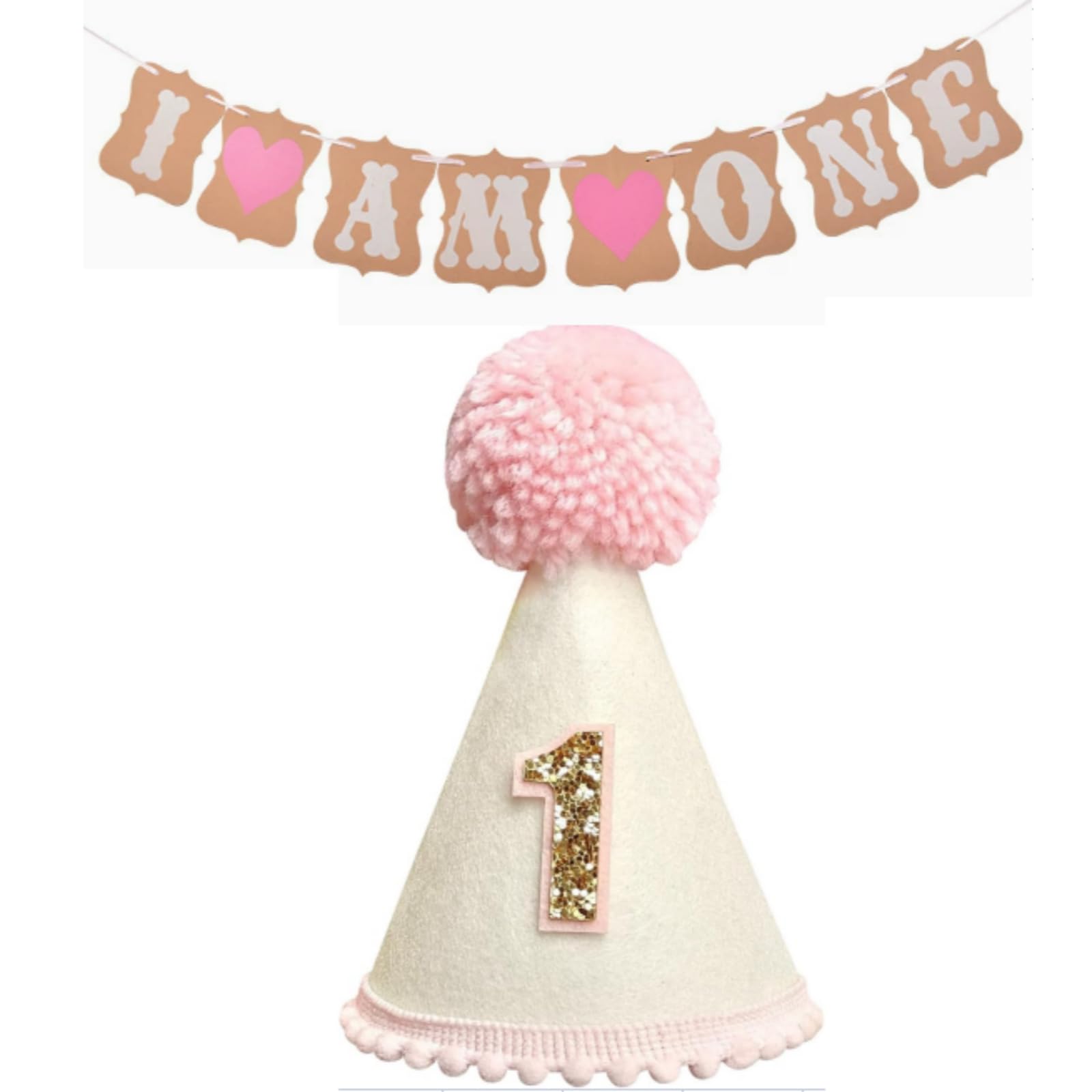 Moiuguli 1st Birthday Crown Hat & Banner Set for Girls, Baby Birthday Decoration for 1 Year Old, Soft Fabric Pink First Birthday Hat & Hanging Banner for Party Decor, Photoshoots, Baby Show
