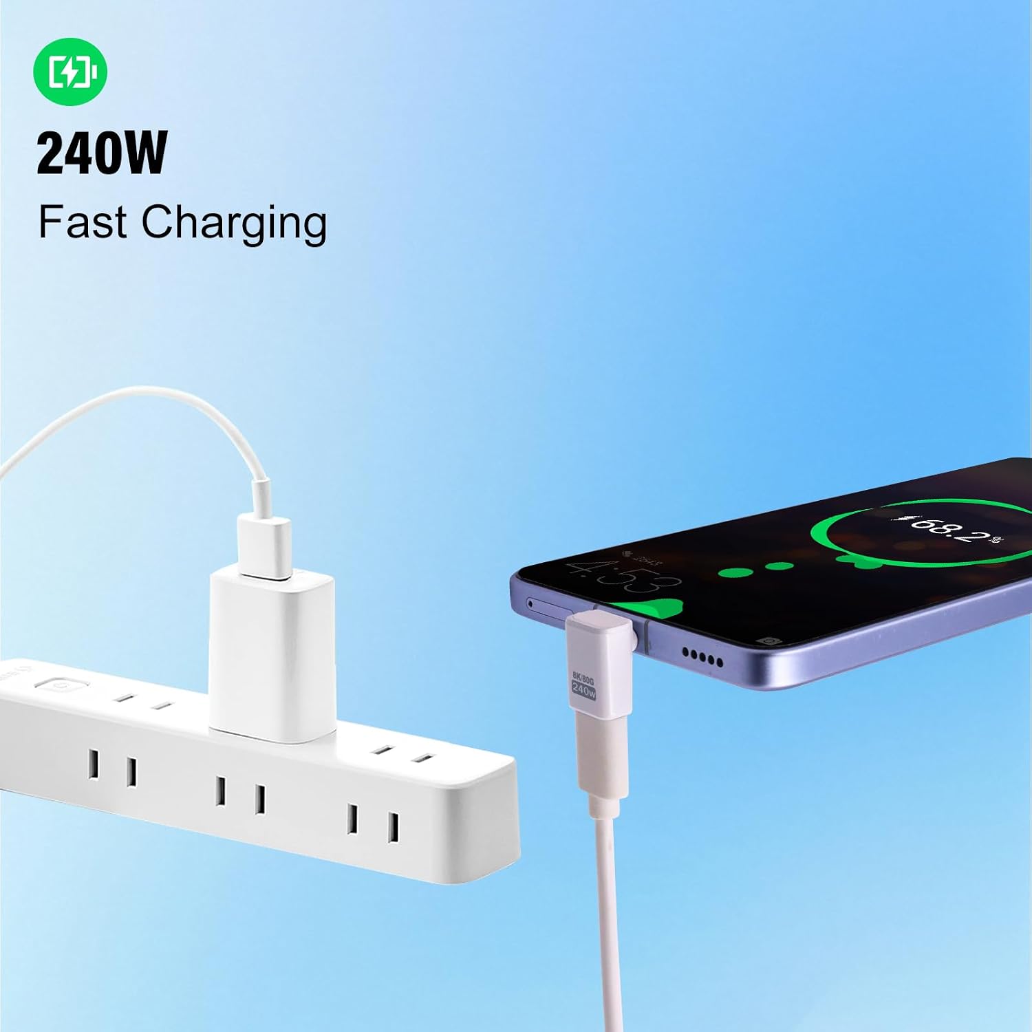 Danfetsoy USB C 90 Degree Adapter 80Gbps, White 90 Degree USB C Adapter 240W, Up Down Angle Male to Female Type C Extender Thunderbolt 5 Connector 8K@60Hz Video for MacBook, Laptop, Tablet, 2pack