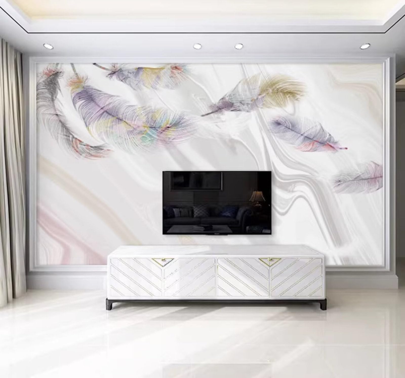 Wallpaper-3D-Xlm 400Cm×280Cm(B×H) Abstract Minimalist Colourful Feathers Marble Effect 3D Wallpaper Easy Install Feature Office Living Room Sofa Bedroom Tv Background Wall Decoration-400Cm×280Cm