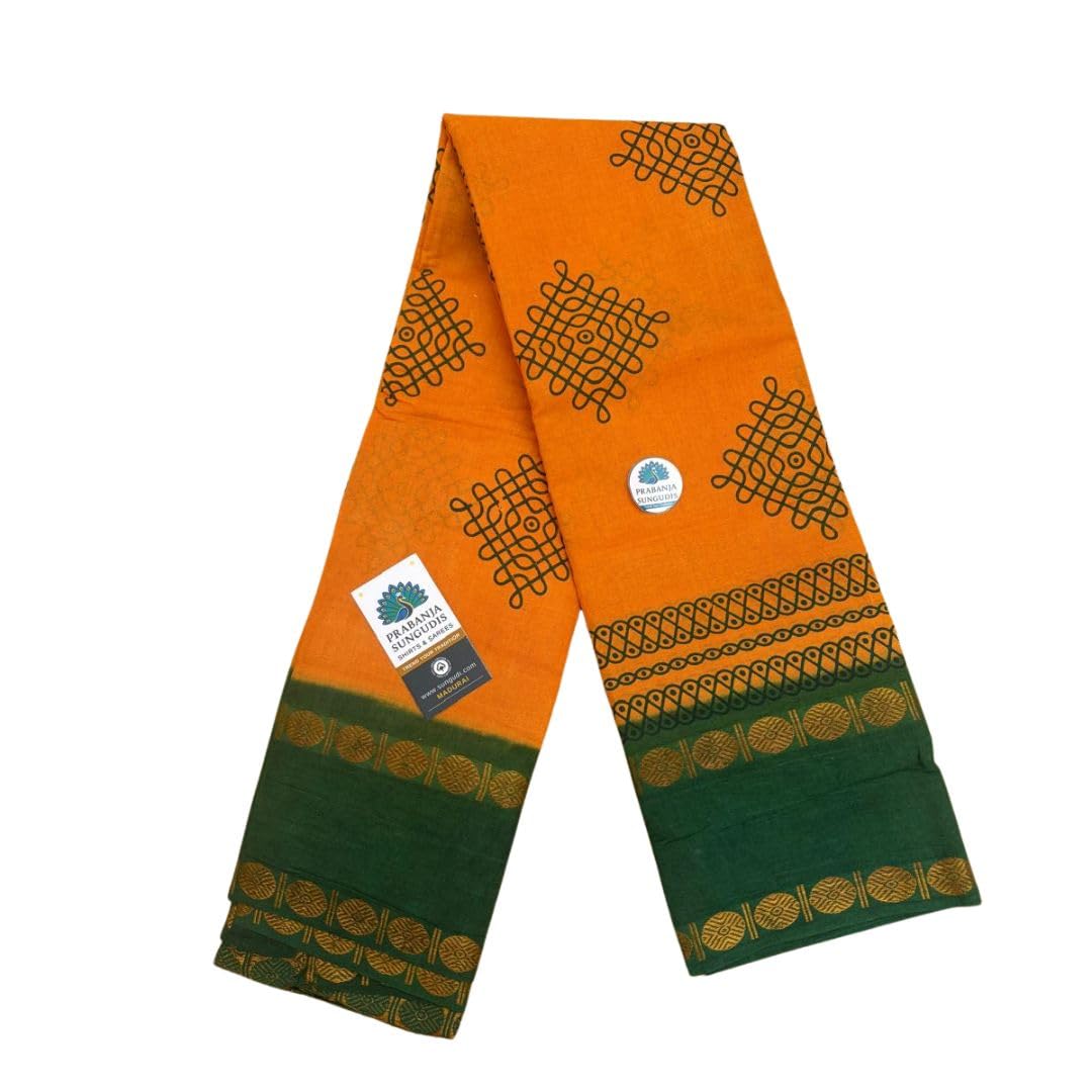 Sungudi Sarees, Cotton Saree, Light Orange with Green Border, Traditional Kolam Design without Blouse, Sungudi Kolam Rettaipadai Cotton Saree-picture-61