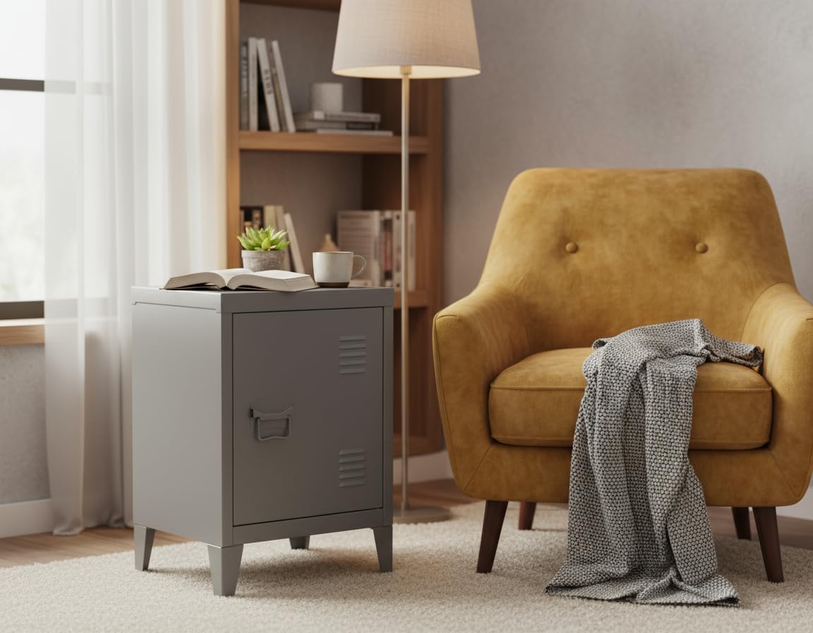 Small Metal Cabinet 1-Door, Free Standing 2 Tier Shelves Bedside Nightstand Cupboard, Side Storage Organizer for Home Office Study Bedroom Living Room, Grey, 57.5 x 40.5 x 30.5 cm