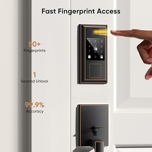 Miniatura 4 de Juego de cerradura inteligente de huellas dactilares y manija de puerta delantera, cerradura de puerta de entrada sin llave con asa, bloqueo