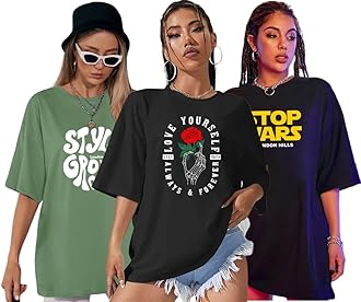 London HillsWomen's Cotton Oversized Fit Printed Round Neck Oversized T-Shirt | Loose Fit Drop Shoulder T-Shirt Pack of 3