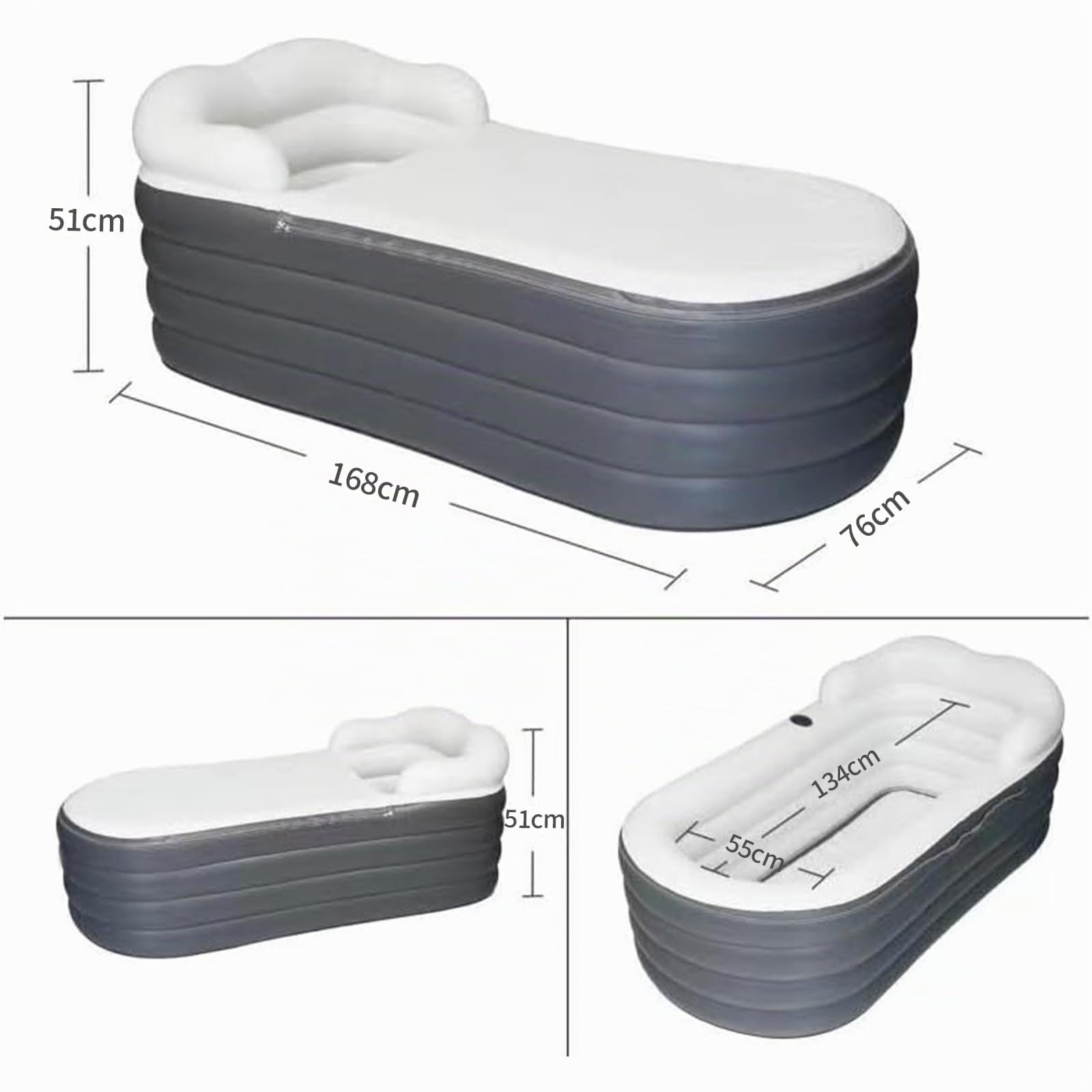 Vasca da bagno gonfiabile per adulti, grande vasca da bagno portatile, spa, ammollo con chiusura lampo, progettata con poggiatesta, portabevande (Grigio Scuro,168x76x68cm)