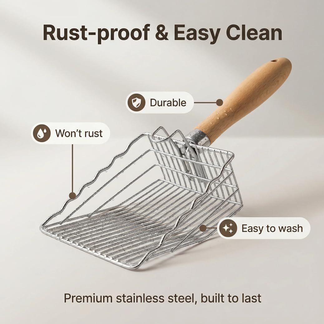 Metal Cat Litter Scoop with Holder, Stainless Steel Cat Litter Scooper Holder Trash Container, Heavy-Duty Kitty Poop Scooper with Coarse and Fine Grids for All Litter Pan - image 3