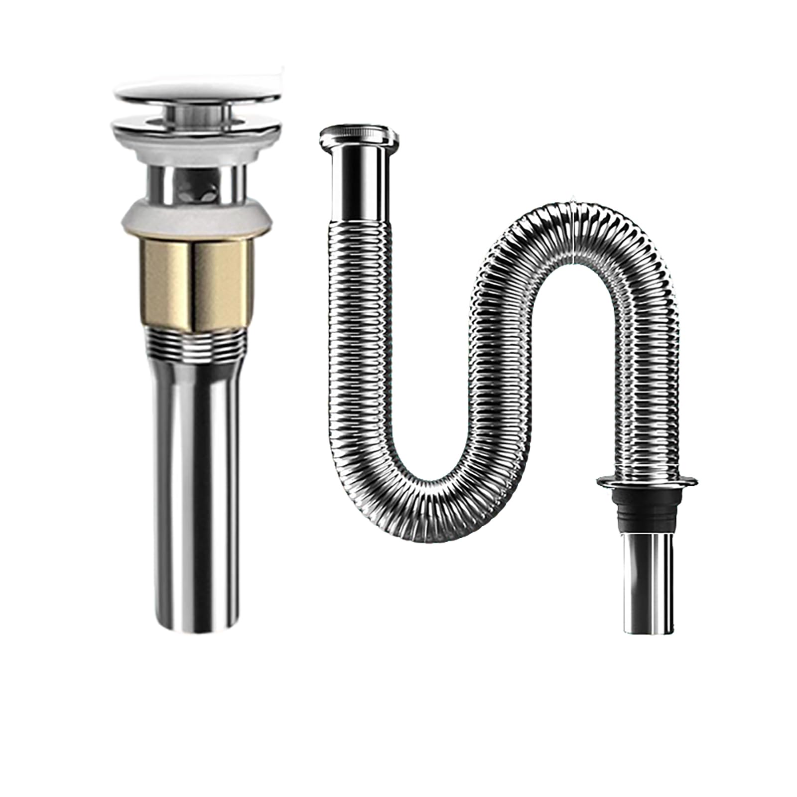 Siphon Waschbeckenaus Edelstahl,Überlauf,Pop Up Ablaufventil,Flexibles Gewelltes Abflussrohr,Geruchsverschluss Waschbecken Syphon für Abflussrohre