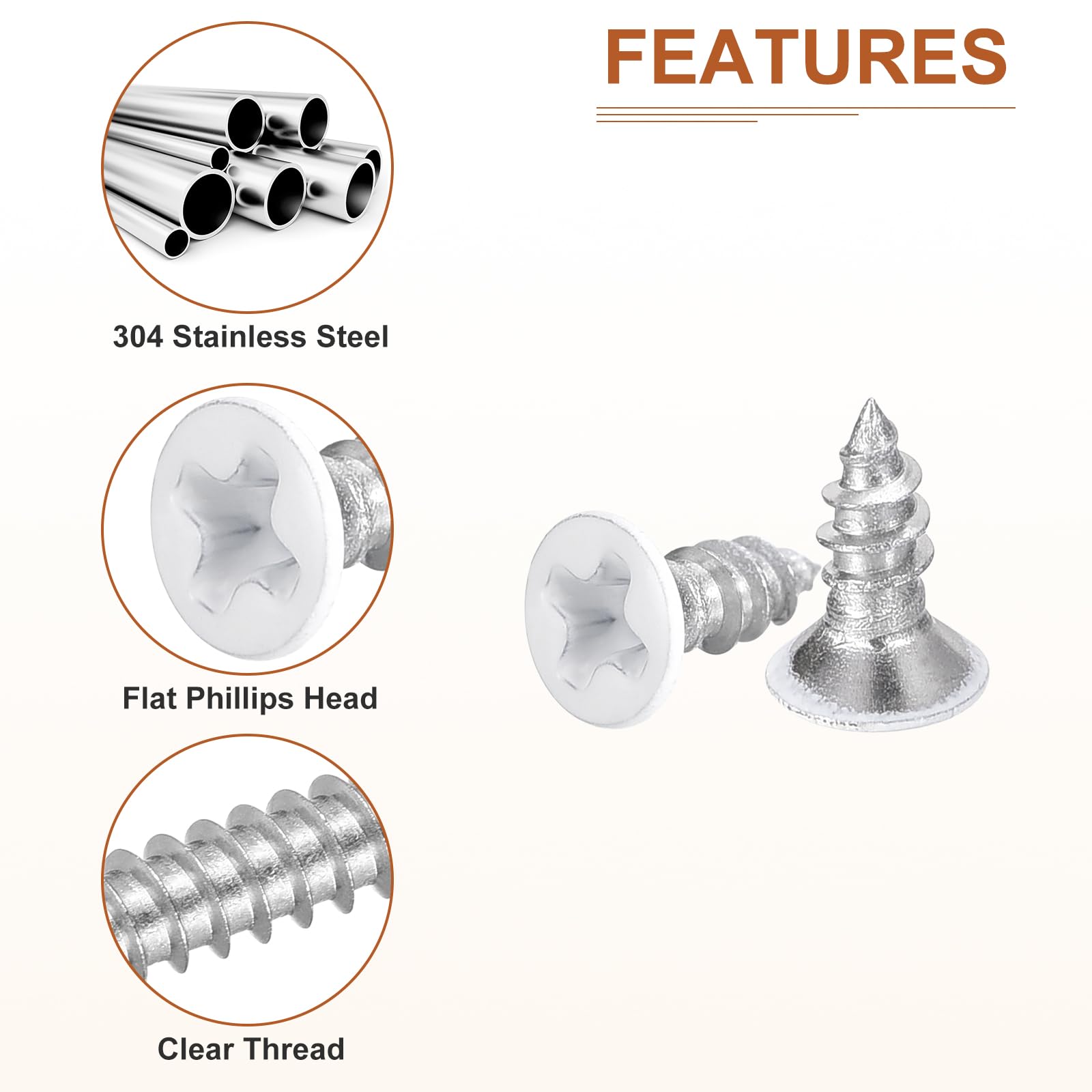 DTGN 100Pcs ST3x8mm Flat Head Wood Screws, 304 Stainless Steel White Phillips Self Tapping Screws - Image 4