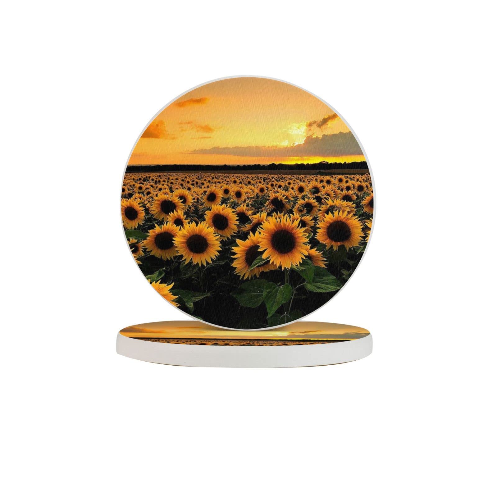 Sunflowers Landscape Two Pieces Coaster Heat-Resistant Reusable Saucers for Drinks Wine Glasses Plants Cups Mugs