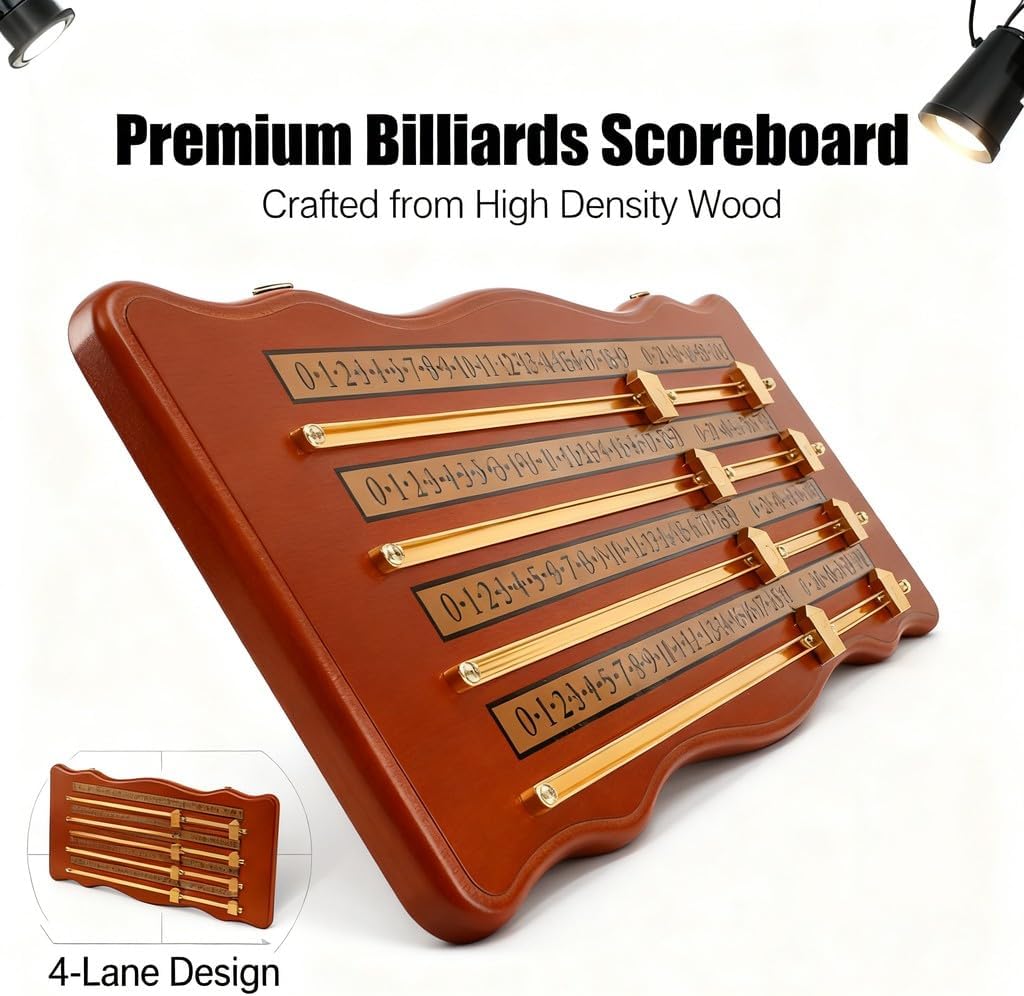 Wood Billiards Scoreboard 4 Track Scoreboard Brown, High Density Wood, Aluminum Alloy - Durable Construction, Easy Installation, Ideal for Pool and Shuffleboard Games
