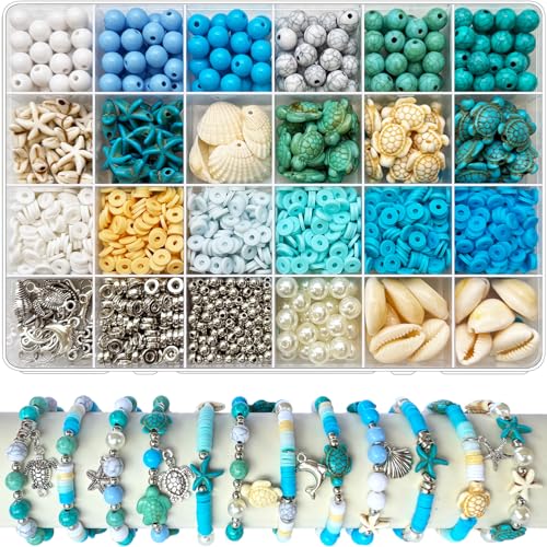 1860Pcs Ocean Beads for Bracelets Making Kit Blue and White Summer Beach Bead for Jewelry Making Sea Turtle Shell Starfish Shape Beads 8mm Round Cly Bead for DIY Craft Bracelets Earring (Blue)