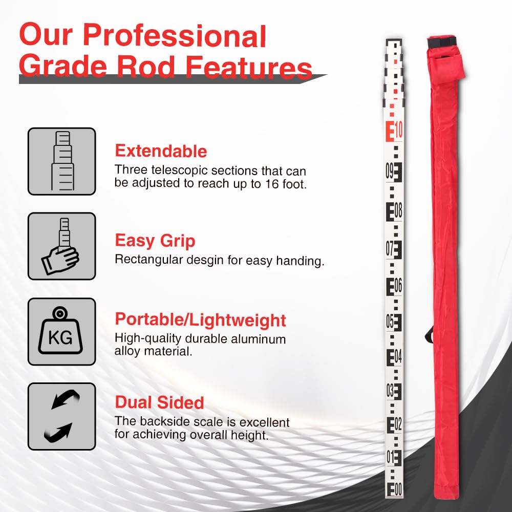 Mountlaser 5m Professional Aluminium Leveling Rod, Single-Sided Metric Scale with Height Measurement - Image 3