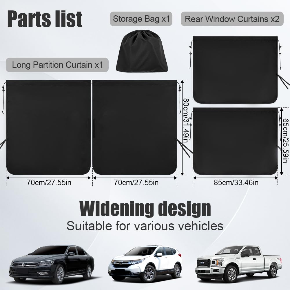 Cortinas Divisorias de Coche, 140*80CM Cortina para Automóvil para Privacidad, Incluye 1 Cortina de Asiento y 2 Cortinas Laterales, Desmontable, Aplicable a Sedán, SUV
