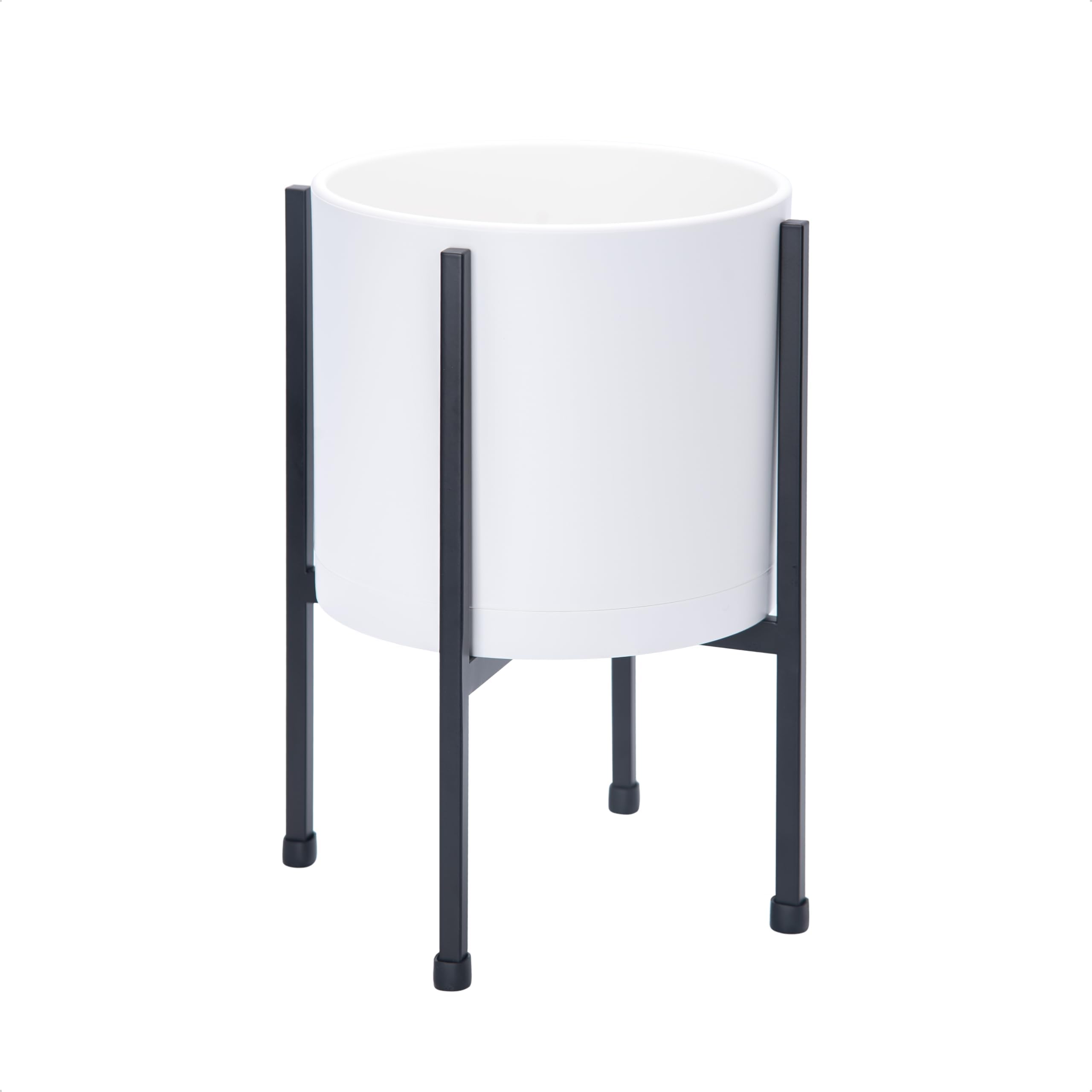 D'vine Dev 8 Inch White Planter Pot with Stand – Modern Plastic Cylinder Flower Pot with Heavy-Duty Metal Stand for Indoor Plants, 55-D-A-1