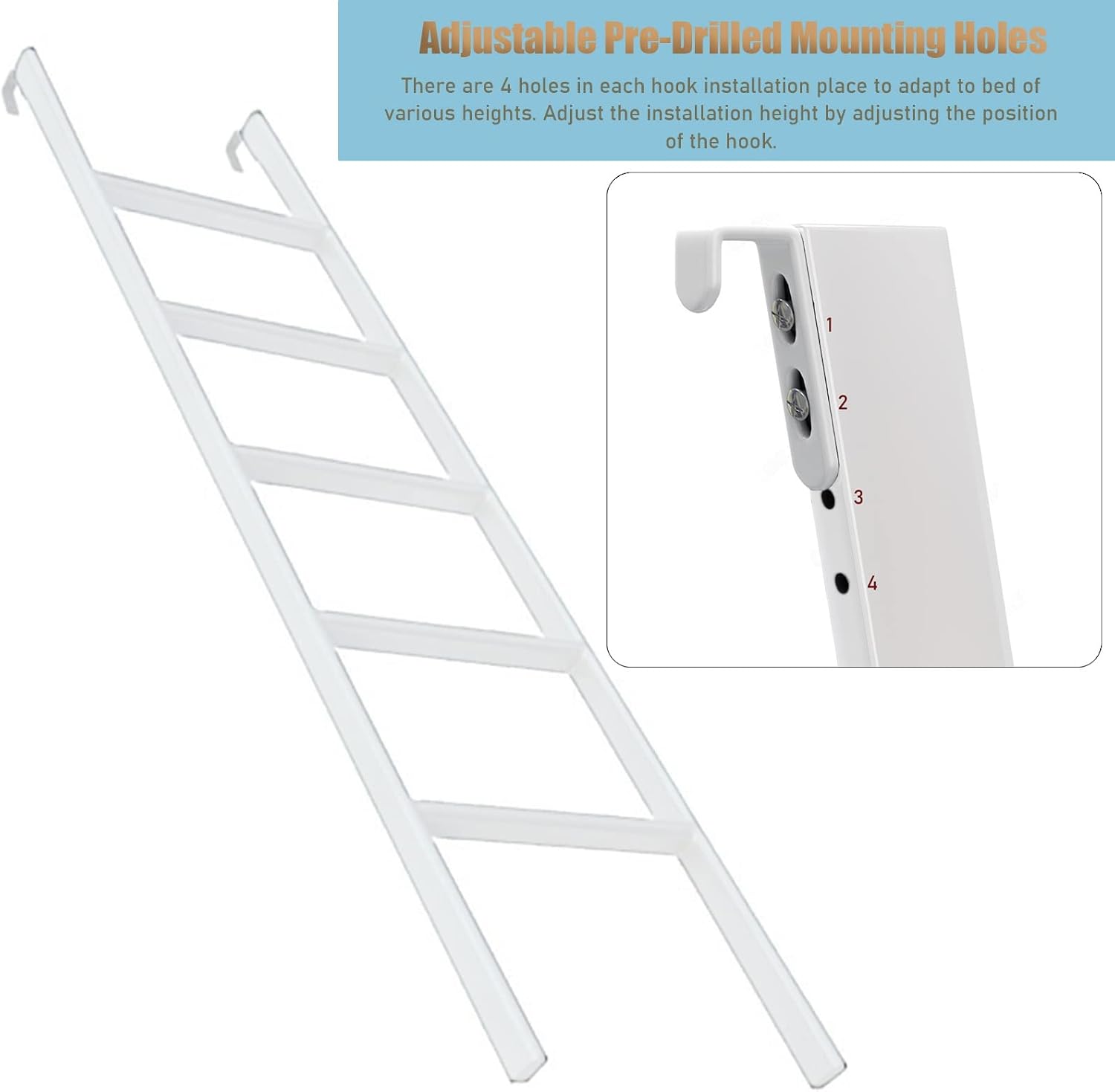 Hook/Floor-Standing Bunk Ladder,Children Adults Loft Bed Ladder for RV Dorm Bedroom,White Metal Replacement Ladder,High Bed Ladder (Size:Floor+Hook-1.5m/59)
