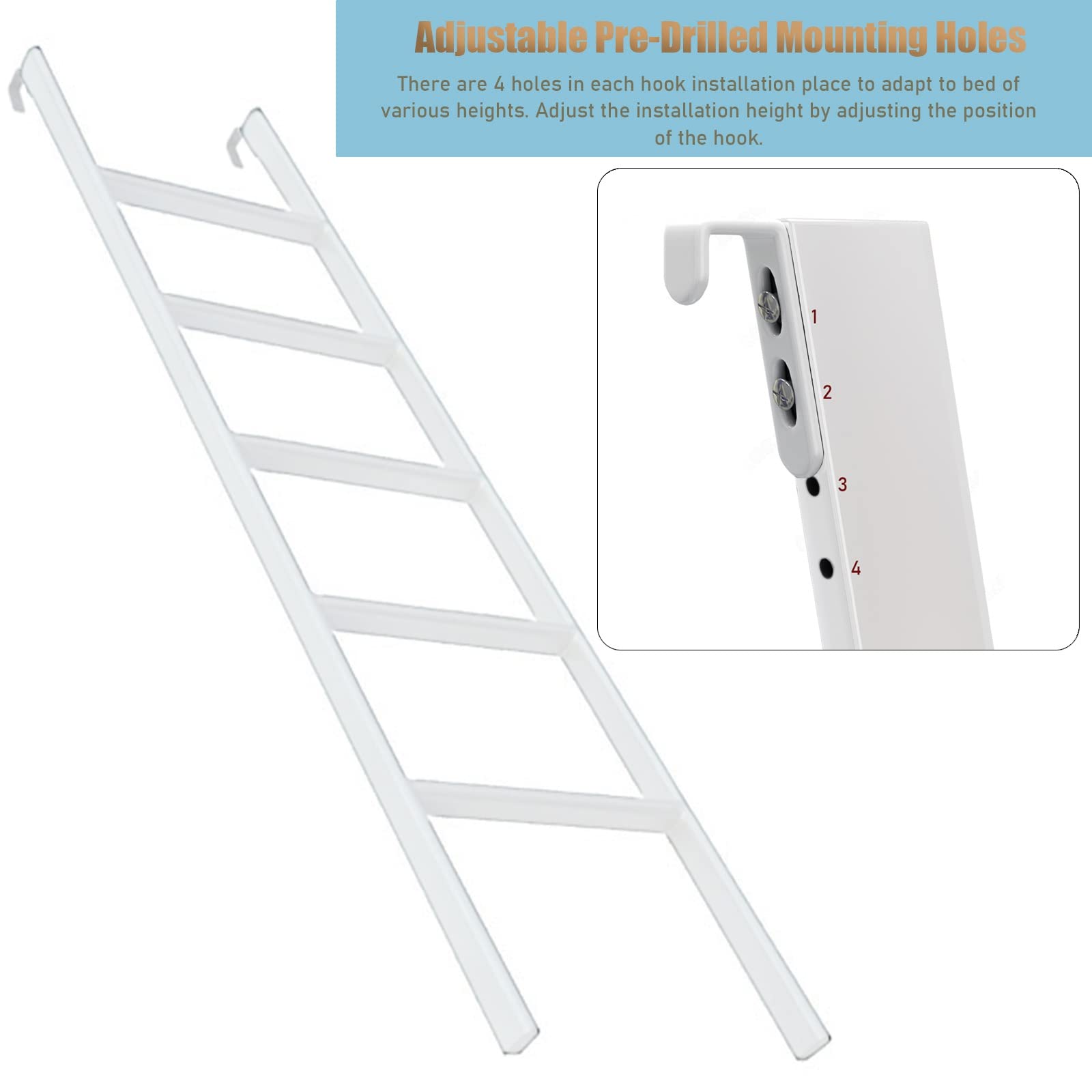 Escalera Blanca para litera Tipo Loft con Gancho, de pie, para caravanas y autocaravanas. Altura Ajustable de 130 a 180 cm. Robusta y Segura. Acceso a la Cama elevada.
