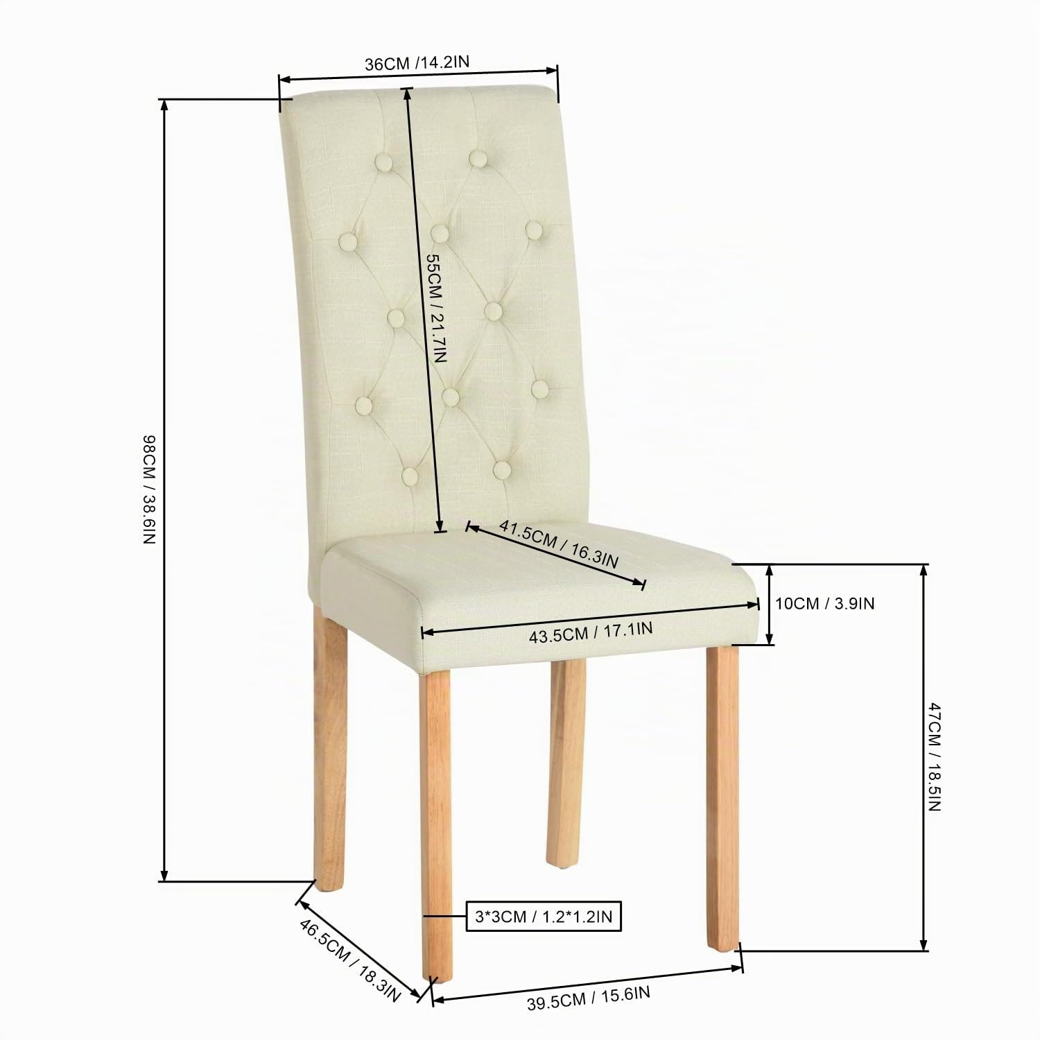 EGGREE Esszimmerstühle 2er Set Beige Leinenoptik Stoff Stühle mit Dicker Sitzfläche & Genähtem Rautenrücken, Stabile Gummibaumholz-Beine, 43,5 x 56 x 98 cm, Moderner Design für Esszimmer & Küche