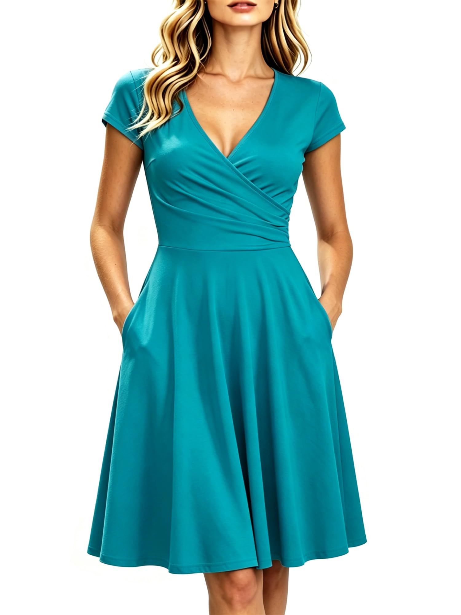 oxiuly Women's Vintage Dot V-Neck Cap Sleeve Casual Pockets Swing Tea Dress OX296