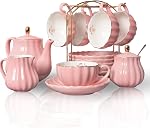 Sweejar Porcelain Tea Sets British Royal Series, 8 Oz Cups & Saucer Service for 6, with Teapot Sugar Bowl Cream Pitcher Teaspoons and Tea Strainer for Tea/Coffee (White)