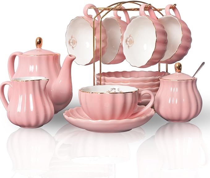 Porcelain Tea Sets British Royal Series, 8 OZ Cups & Saucer Service for 6, with Teapot Sugar Bowl Cream Pitcher Teaspoons and Tea Strainer, Suitable for High Tea, Wedding, Party(Morning glory)