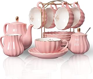 Porcelain Tea Sets British Royal Series, 8 OZ Cups& Saucer Service for 6, with Teapot Sugar Bowl Cream Pitcher Teaspoons and tea strainer for Tea/Coffee, The perfect gift for Thanksgiving - coolthings.us