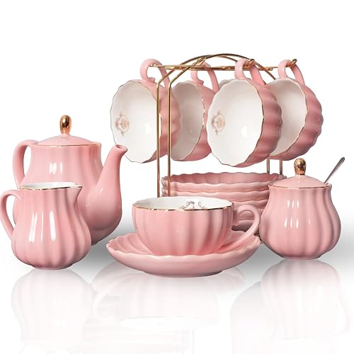 Porcelain Tea Sets British Royal Series, 8 OZ Cups & Saucer Service for 6, with Teapot Sugar Bowl Cream Pitcher Teaspoons and Tea Strainer - Pink