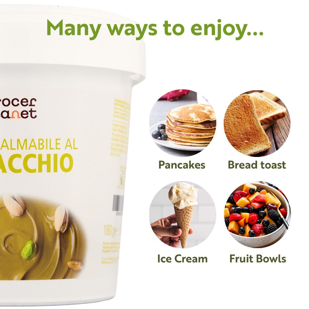 Grocer Planet - Crema de Pistacho (1Kg) | Con 45% Pistachos Mediterráneos | Sabor Dulce | Comida Italiana Gourmet | Ideal para Desayunos y Postres