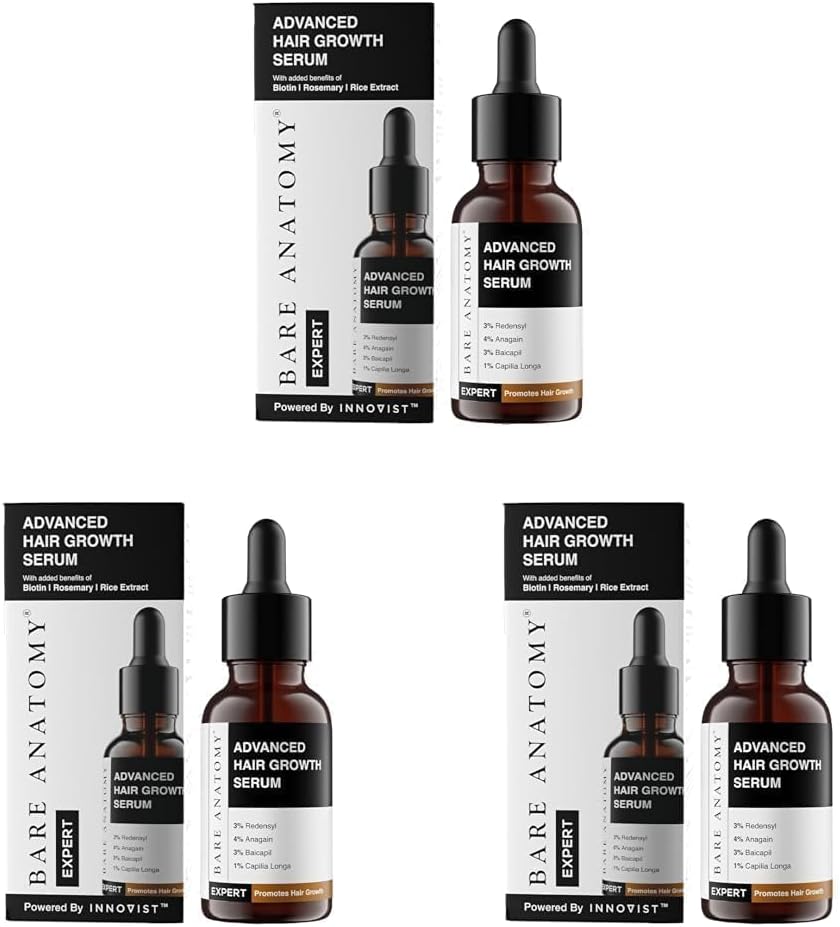 Bare Anatomy Advanced Hair Growth Serum | 3% Redensyl, 4% Anagain, 3% Baicapil, 1% Capilia Longa, Rosemary, Biotin & Rice Extract | Hairfall control & Hair Density | Women & Men | (30ml-Pack of 3)