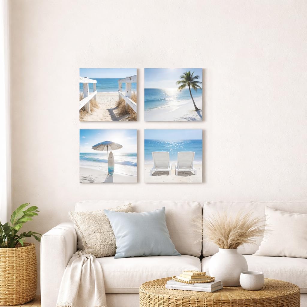 Artiluxy Coastal Beach Canvas Wall Art Set of 4, Ocean Seaside Photography Prints, 12×12 Inch Ready to Hang Coastal Wall Decor for Living Room Bedroom Bathroom Beach House (Blue)