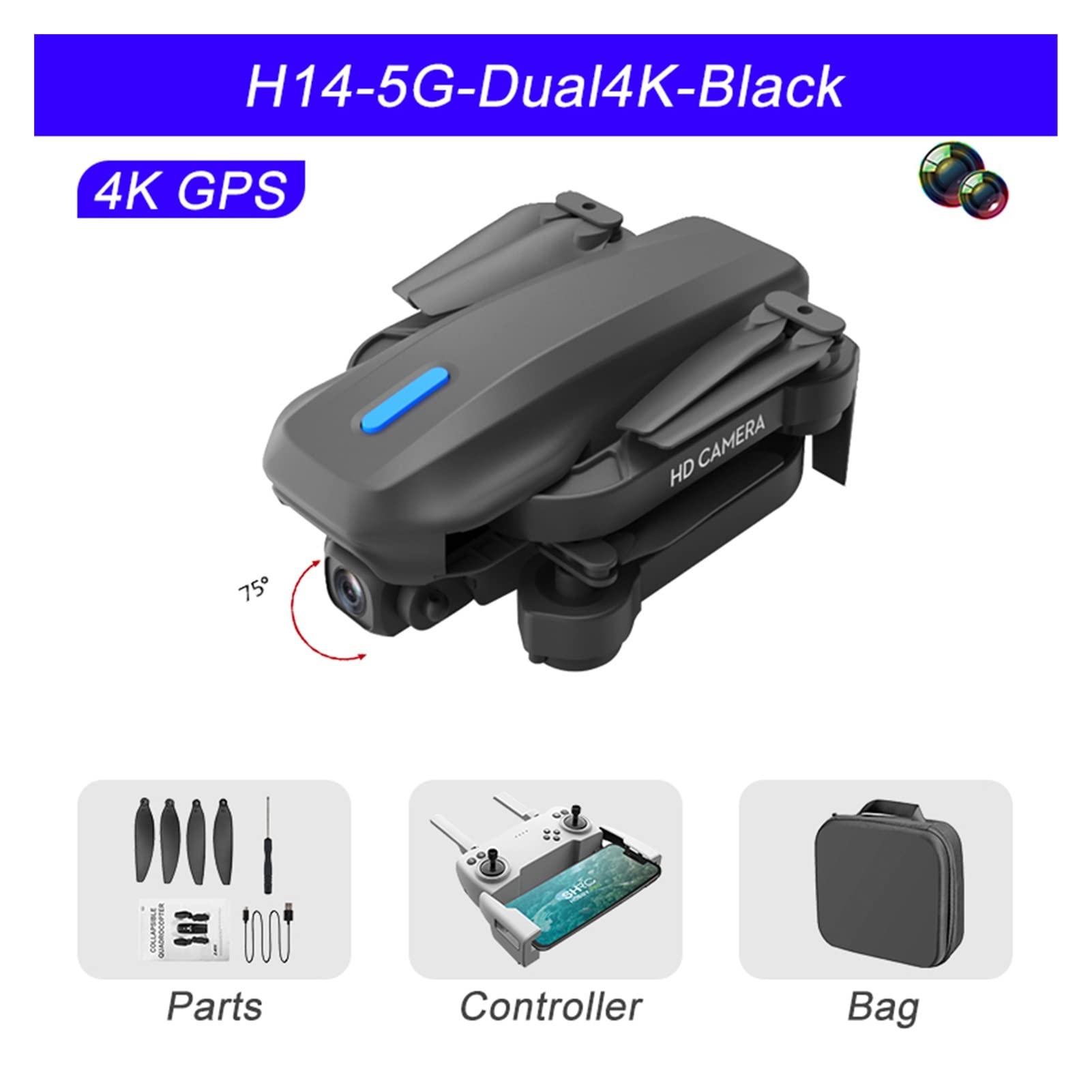 Faltbare Drohne Quadrocopter RC Drohne GPS 4k HD Dual-Kamera 2,4G/5G WiFi FPV 75 Grad elektrische Anpassung Headless Modus Faltbarer Quadcopter Hubschrauber (Farbe: Schwarz-5G-Dual4K-2B