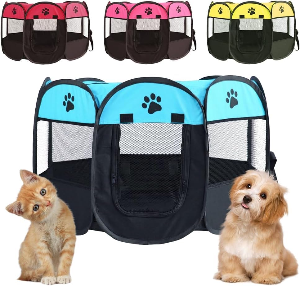 Puppy Run Foldable Puppy Playpen Animal Playpen Dog 74 x 74 x 43 cm, Cat Enclosure Outdoor & Indoor Oxford Fabric for Dogs, Cats, Rabbits, Small Animals (Light Blue + Black)