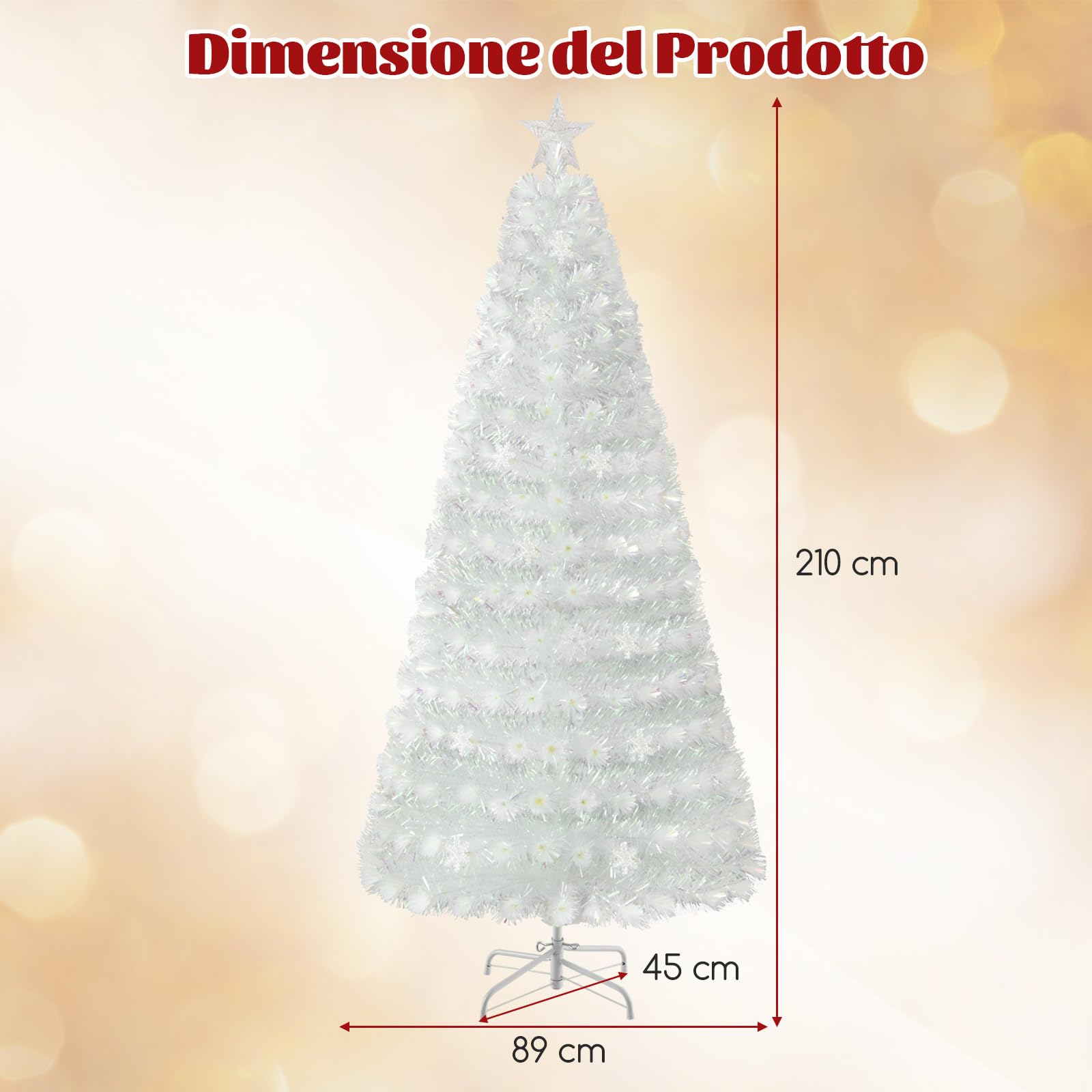 COSTWAY Albero di Natale Pre-illuminato in Fibra Ottica 120/150/180/210 cm, Albero di Natale Bianco con Foglie Iridescenti, Luci a LED a Fiocco di Neve Multicolore, Luce Superiore a Stella (210 CM)